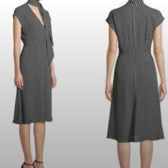 Milly "Gabby" 100% Silk Polka Dot Midi Dress w/ Tie Neck + Cap Sleeves, Size 4 - Picture 4 of 10